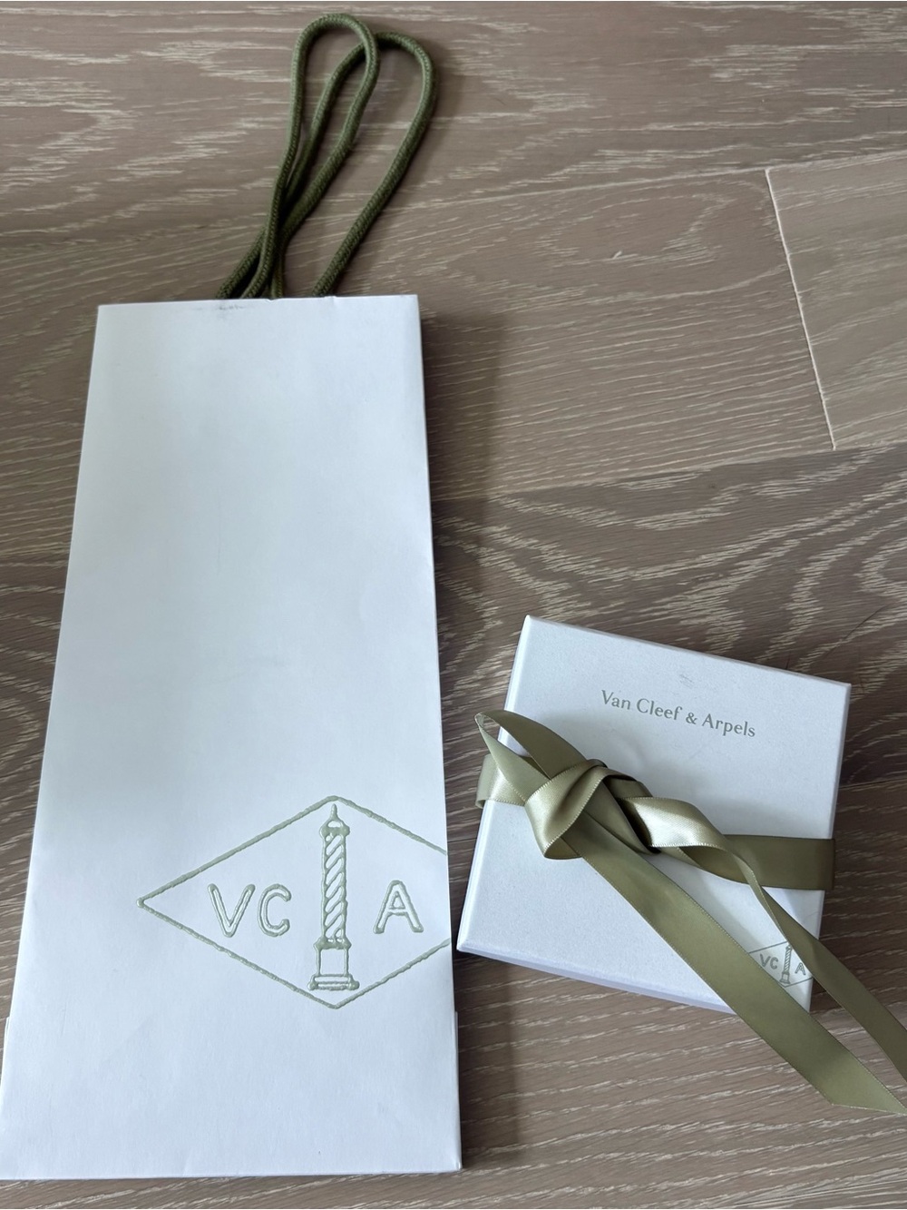 Van Cleef & Arpels White Gift Box and Bag with Olive Green Ribbon